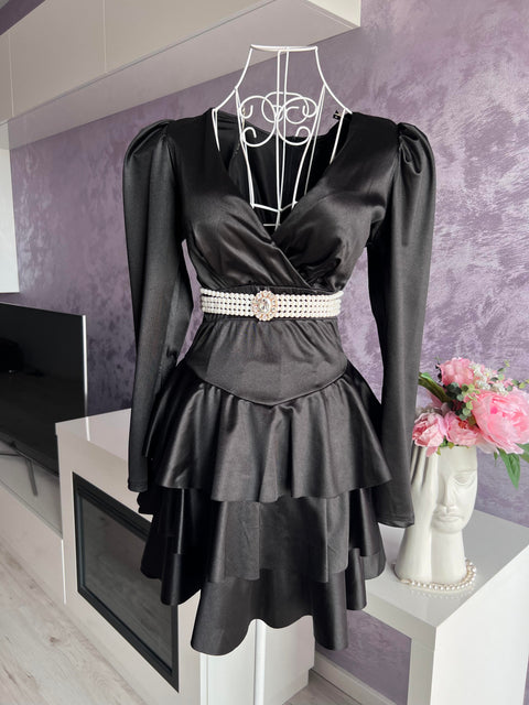Rochie neagra din satin cu volane Black Doll
