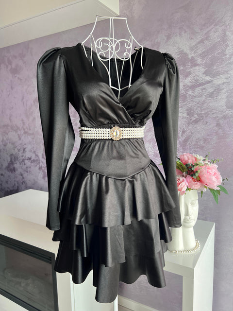 Rochie neagra din satin cu volane Black Doll