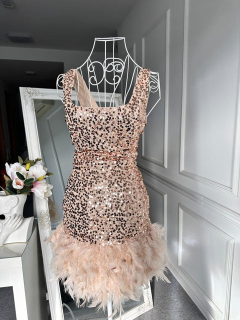 Rochie Luxury cu paiete si puf Roze Bellysa