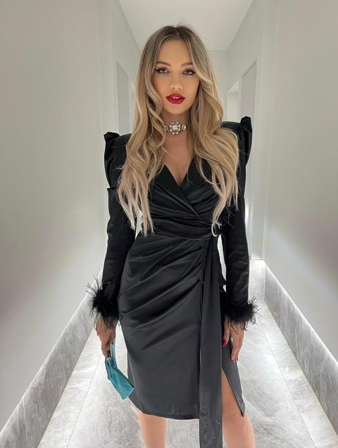Rochie de ocazie din satin Black Luxe Feathers