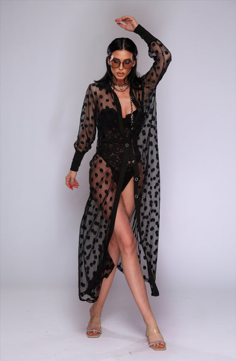 Cardigan de plaja negru cu buline