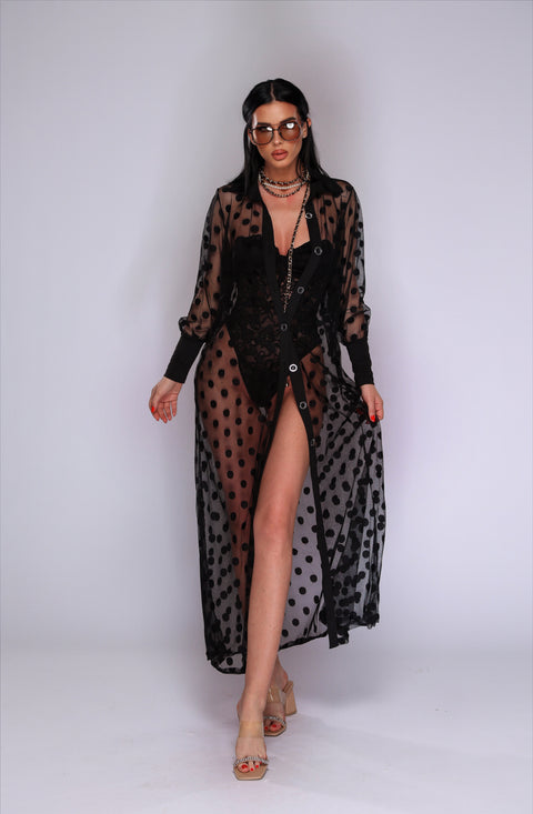 Cardigan de plaja negru cu buline