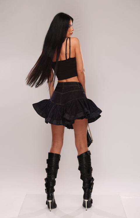 Fusta mini din denim cu volane