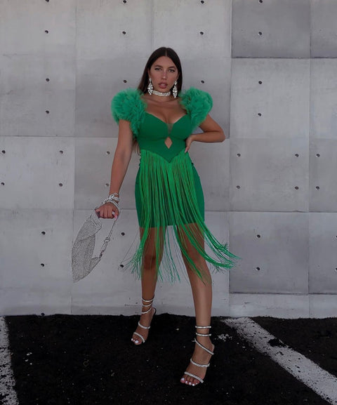 Rochie verde cu maneci bufante si franjuri Bellanyta
