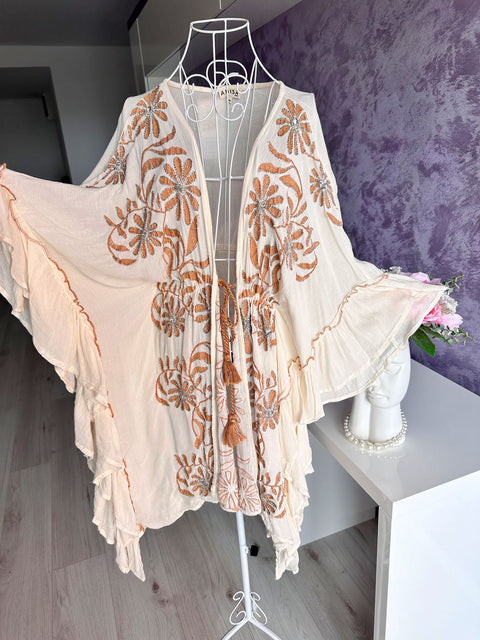 Cardigan  Luxury Cream cu insertii din paiete si ciucuri