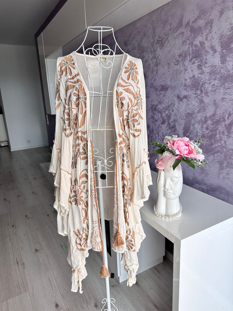Cardigan  Luxury Cream cu insertii din paiete si ciucuri