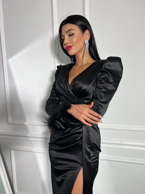 Rochie de ocazie din satin Black Luxe Feathers