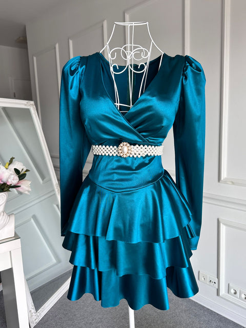 Rochie din satin cu volane Turquoise Doll