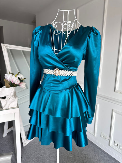Rochie din satin cu volane Turquoise Doll